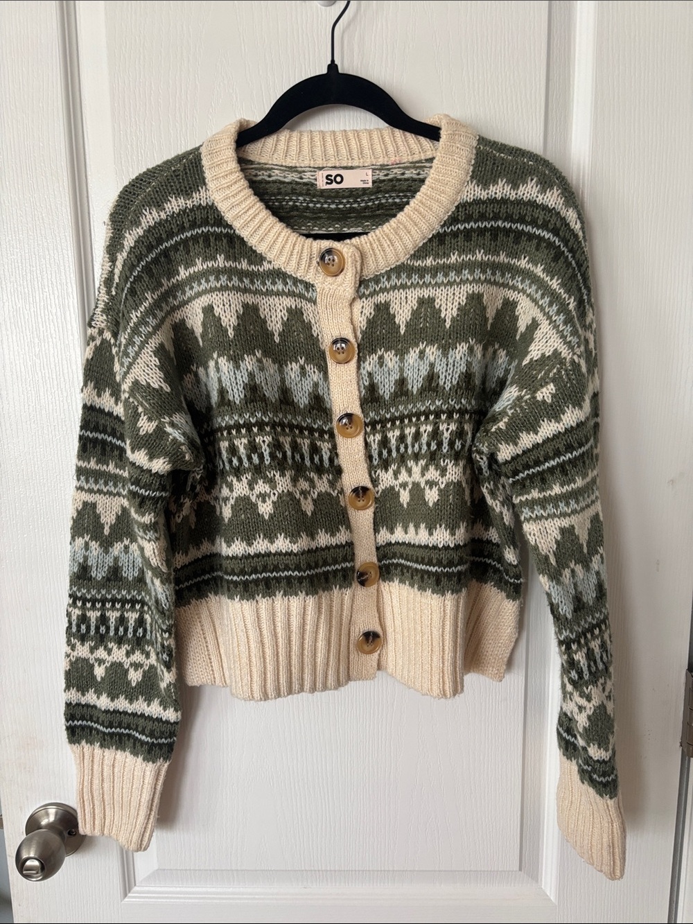 SO Olive Green and Cream Fair Isle Button Cardigan